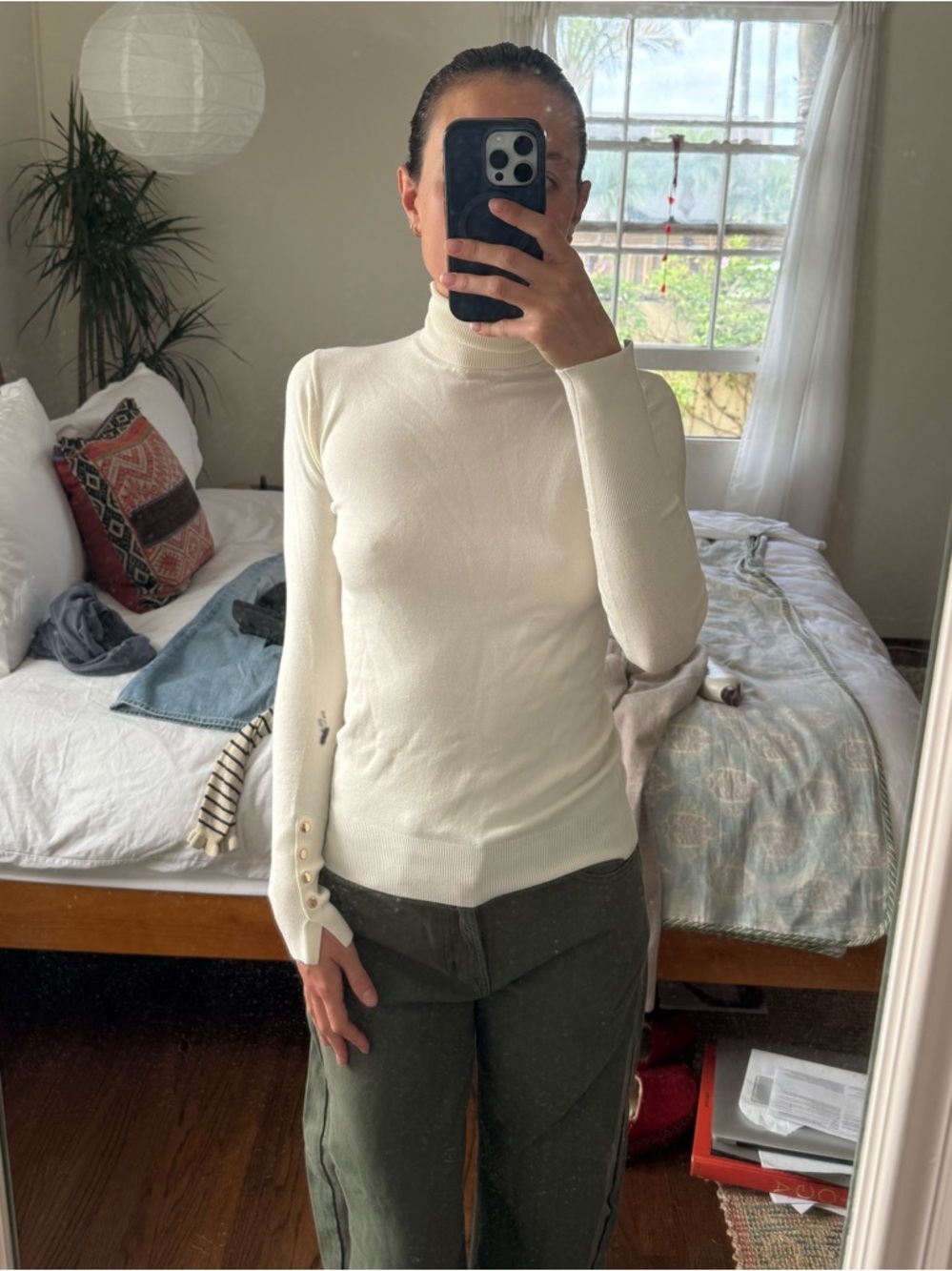 Cream Turtleneck Ribbed Long Sleeve